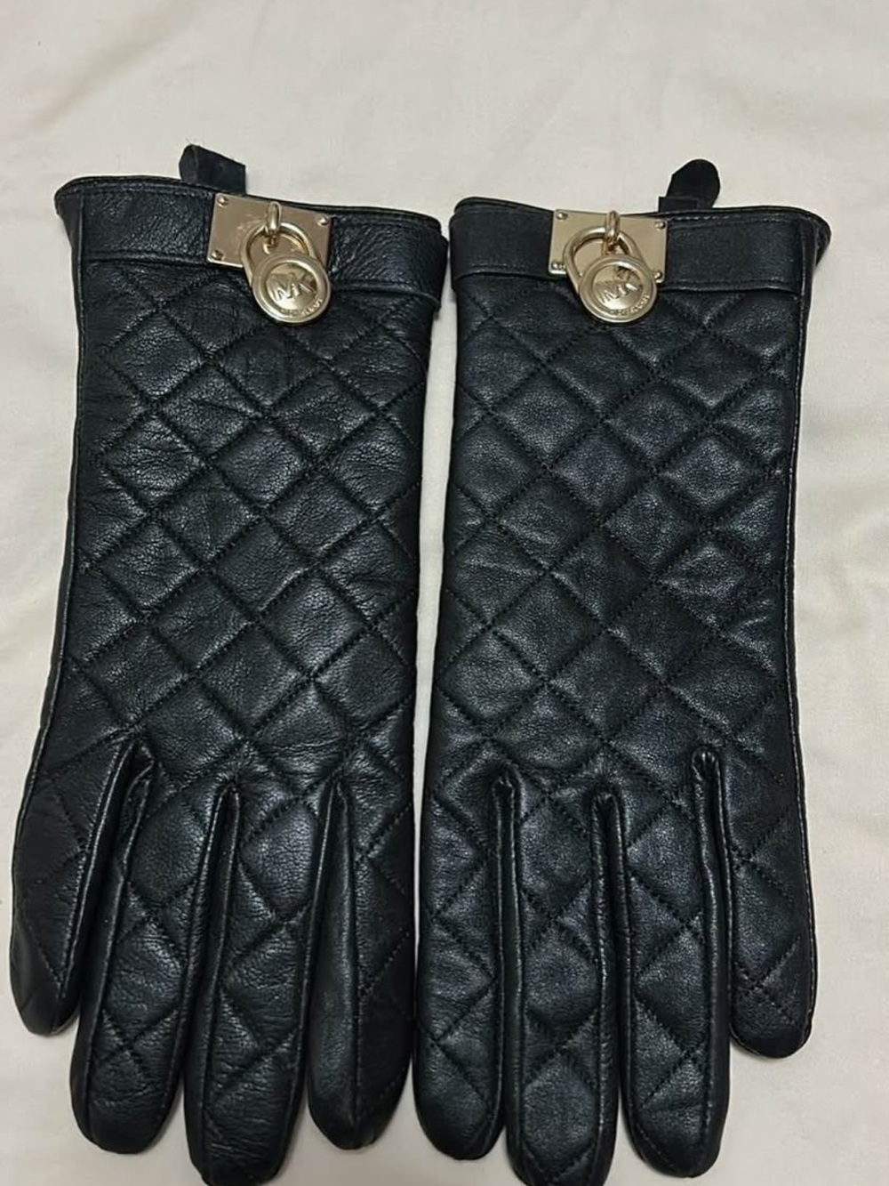 Michael Kors Black Quilted Leather Gloves with Gold Logo Detail